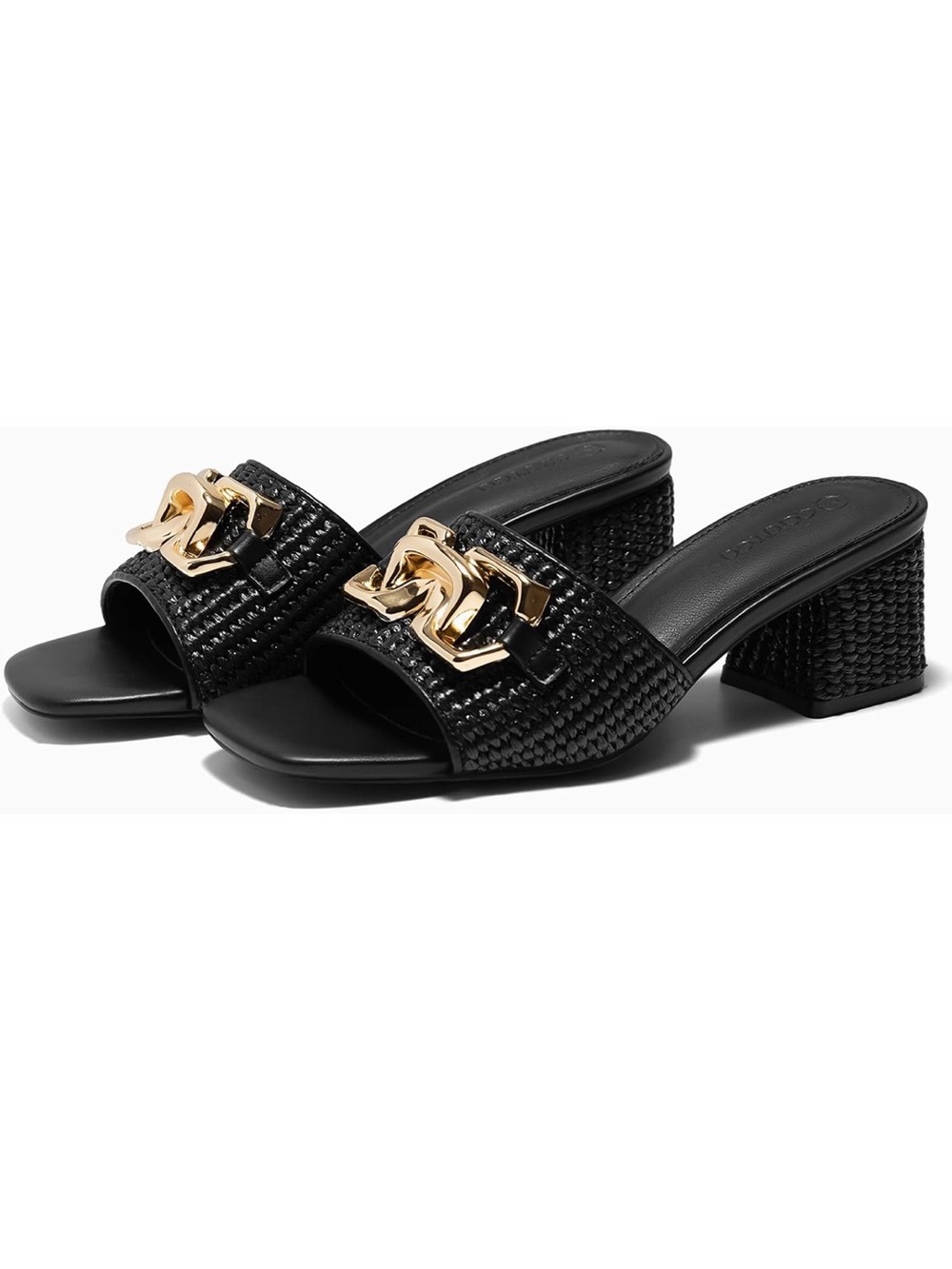 Coutgo Black Woven Slide Heels with Gold Chain Accent NEW